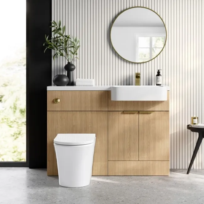 Sicily Fluted Country Oak Combination Vanity Basin and Tucson Toilet 1200mm - Brushed Brass Accents - Right Handed