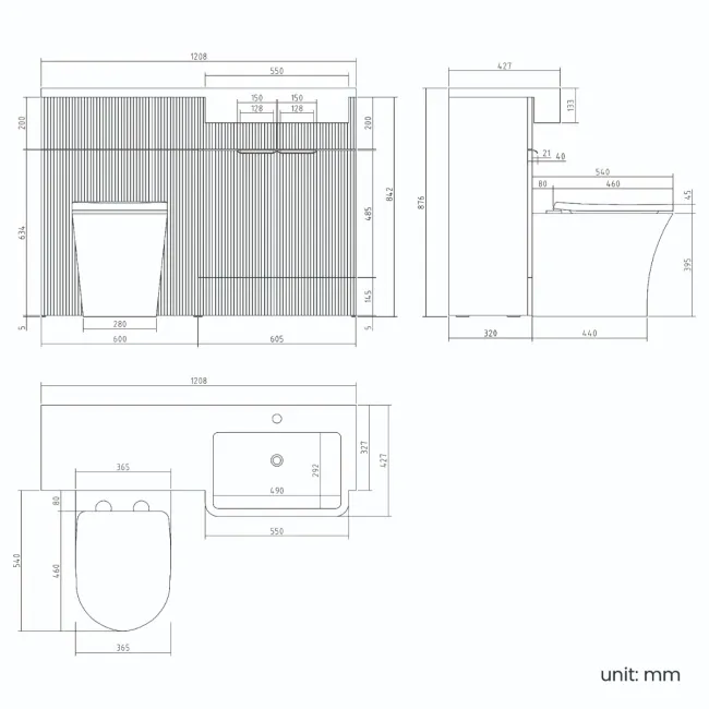 Sicily Fluted Country Oak Combination Vanity Basin and Tucson Toilet 1200mm - Brushed Brass Accents - Right Handed