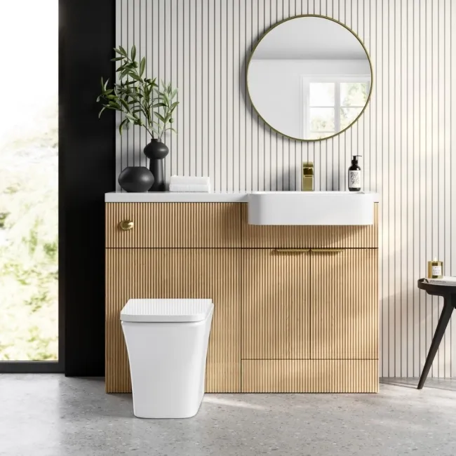 Sicily Fluted Country Oak Combination Vanity Basin and Houston Toilet 1200mm - Brushed Brass Accents - Right Handed