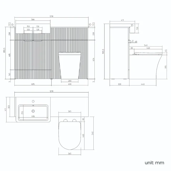 Sicily Fluted Country Oak Combination Vanity Basin with Marble Top & Tucson Toilet 1200mm - Brushed Brass Accents