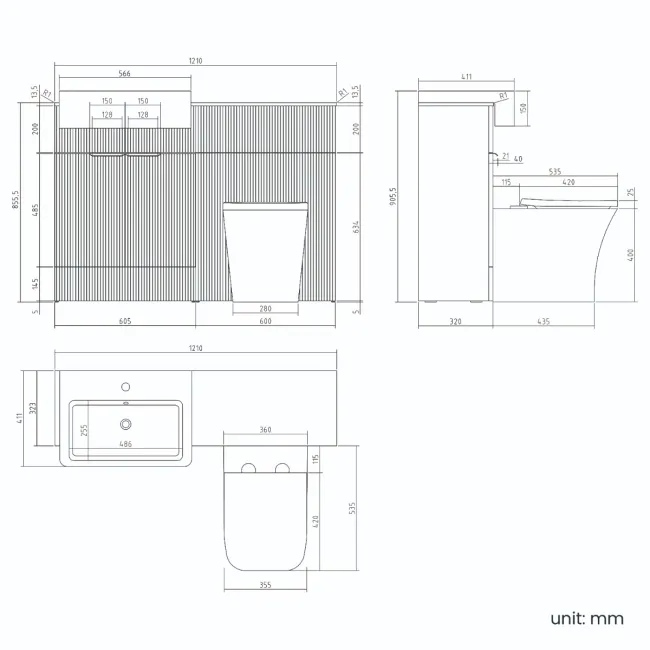 Sicily Fluted Country Oak Combination Vanity Basin with Marble Top & Houston Toilet 1200mm - Brushed Brass Accents