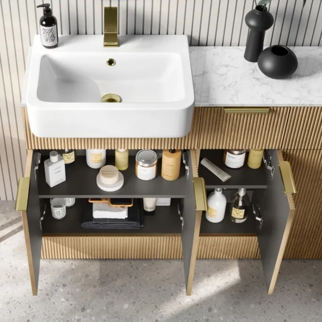 Sicily Fluted Country Oak Combination Vanity Basin with Marble Top & Tucson Toilet 1500mm - Brushed Brass Accents
