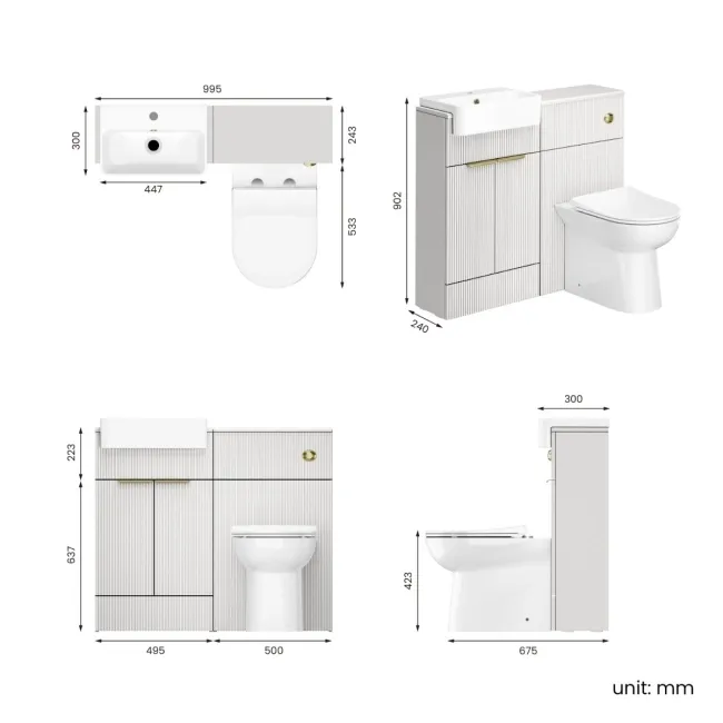 Sicily Fluted Coastal White Combination Vanity Basin and Aruba Toilet 1000mm - Brushed Brass Accents
