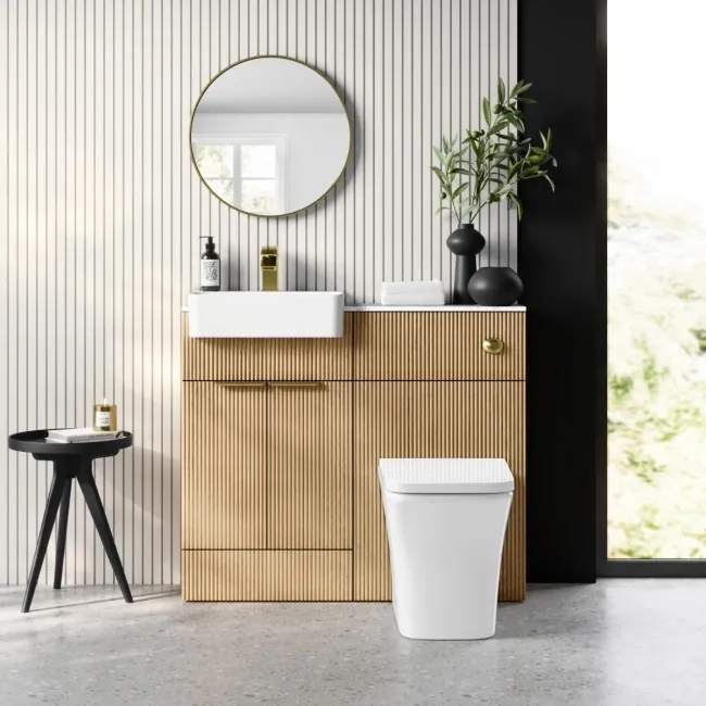 Sicily Fluted Country Oak Combination Vanity Basin with Marble Top & Houston Toilet 1000mm - Brushed Brass Accents