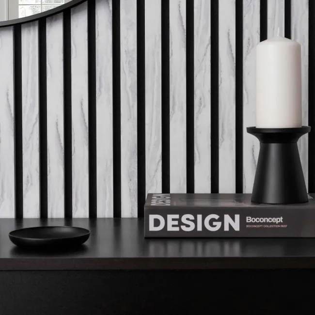 Trepanel Design® White Marble Effect on Black Felt Acoustic Wood Slat Panels