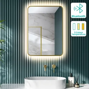 Mila Brushed Brass Backlit Illuminated LED Mirror With BLUETOOTH Speaker 700x500mm