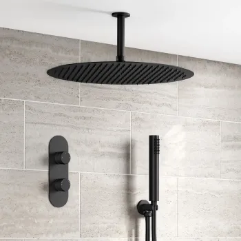 Ballina Premium Ceiling Matt Black Round Thermostatic Shower Set - 400mm Head & Hand Shower