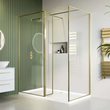 Munich Brushed Brass Framed 8mm Walk In Shower Enclosure 900mm & 900mm Glass with Return Panel
