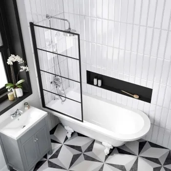 Abingdon 1700 Roll Top Shower Bath - White Ball Feet & 6mm Easy Clean Matt Black Grid Screen
