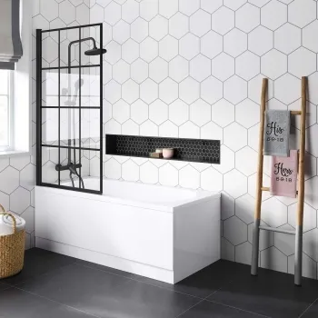 Stafford Round Shower Bath 1500x700 & 6mm Easy Clean Matt Black Grid Bath Screen