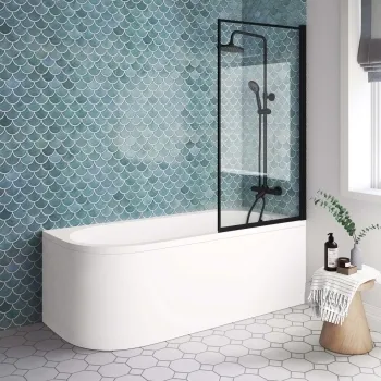 Oakham 1700 Space Saving Shower Bath & 6mm Easy Clean Matt Black Framed Bath Screen - Right Handed