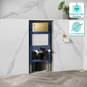Idaho Pneumatic Top & Front Compact Wall Hung Toilet Frame and Concealed Cistern with Brushed Brass Flush Plate - Square Buttons