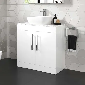 Avon Gloss White Vanity with Marble Top & Curved Counter Top Basin 800mm