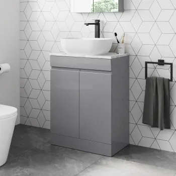 Trent Stone Grey Vanity with Marble Top & Curved Counter Top Basin 600mm