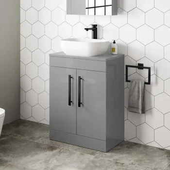 Avon Stone Grey Vanity with Curved Counter Top Basin 600mm - Black Accents