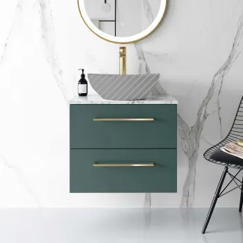Elba Midnight Green Wall Hung Drawer 600mm Excludes Counter Top Basin - Brushed Brass Accents