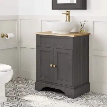 Lucia Graphite Grey Vanity with Oak Effect Top & Oval Counter Top Basin 640mm - Brushed Brass Accents