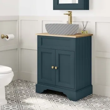 Lucia Inky Blue Cabinet with Oak Effect Top 640mm (Excludes Counter Top Basin) - Brushed Brass Accents