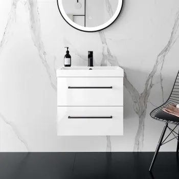 Elba Gloss White Wall Hung Basin Drawer Vanity 500mm - Black Accents
