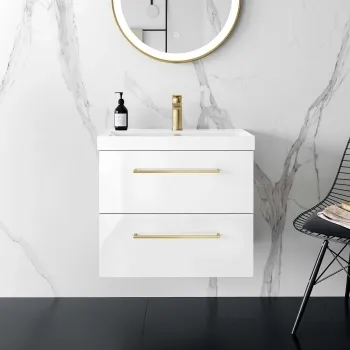 Elba Gloss White Wall Hung Basin Drawer Vanity 600mm - Brushed Brass Accents