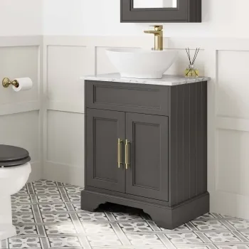 Lucia Graphite Grey Vanity with Marble Top & Oval Counter Top Basin 640mm - Brass Knurled Handles