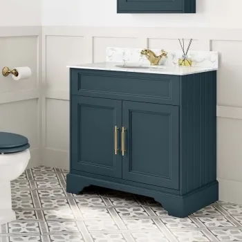 Lucia Inky Blue Vanity with Marble Top & Undermount Basin 830mm - Brass Knurled Handles