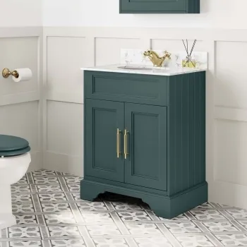 Lucia Midnight Green Vanity with Marble Top & Undermount Basin 630mm - Brass Knurled Handles
