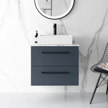 Elba Inky Blue Wall Hung Drawer Vanity with Marble Top & Cody Basin 600mm - Black Accents