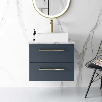 Elba Inky Blue Wall Hung Drawer Vanity with Marble Top & Cody Basin 600mm - Brushed Brass Accents