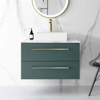Elba Midnight Green Wall Hung Drawer Vanity with Marble Top & Cody Basin 800mm - Brushed Brass Accents