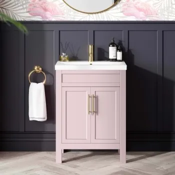 Bermuda Cashmere Pink Basin Vanity 600mm - Brass Knurled Handles