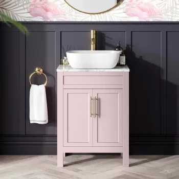 Bermuda Cashmere Pink Vanity with Marble Top & Curved Counter Top Basin 600mm - Brass Knurled Handles