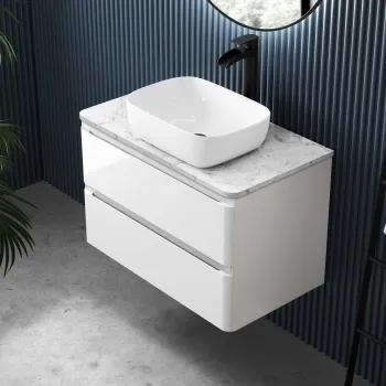 Corsica Gloss White Wall Hung Drawer Vanity with Marble Top & Curved Counter Top Basin 800mm