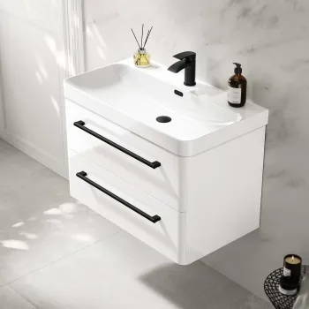 Omaha Gloss White Wall Hung Basin Drawer Vanity 800mm - Black Accents