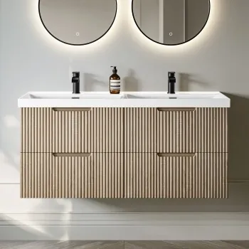 Crete Fluted Apex Oak Wall Hung Double Basin Drawer Vanity 1200mm