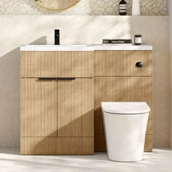 Havana Fluted Country Oak Combination Vanity Basin and Tucson Toilet 1100mm - Black Accents - Left Handed