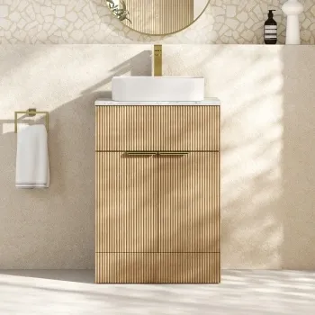 Havana Fluted Country Oak Cabinet with Marble Top & Marin Basin 600mm - Brushed Brass Accents