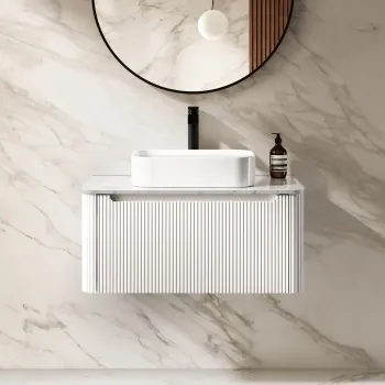 Sorrento Fluted Coastal White Wall Hung Drawer Vanity with Marble Top & Marin Basin 800mm