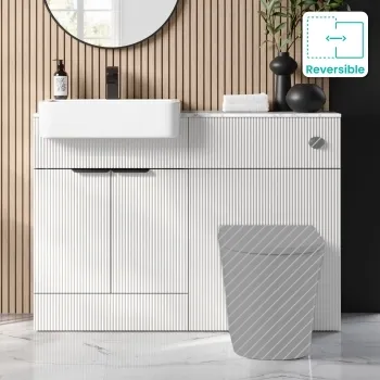 Sicily Fluted Coastal White Basin Vanity with Marble Top & Back To Wall Unit 1200mm (Excludes Toilet) - Black Accents