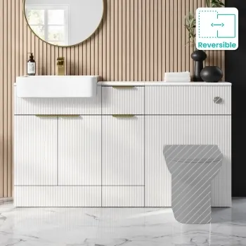 Sicily Fluted Coastal White Combination Vanity Basin 1500mm (Excludes Toilet) - Brushed Brass Accents