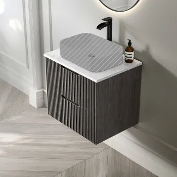 Crete Fluted Charcoal Elm Wall Hung Drawer Vanity with Marble Top 600mm - Excludes Counter Top Basin