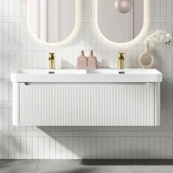 Sorrento Fluted Coastal White Wall Hung Double Basin Drawer Vanity 1200mm