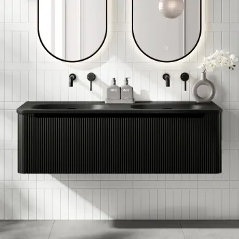 Sorrento Fluted Matt Black Wall Hung Drawer Vanity with Black Double Basin 1200mm