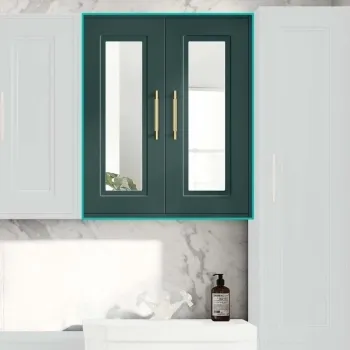 Midnight Green Wall Hung Mirror Cabinet 700x600mm - Brass Knurled Handles