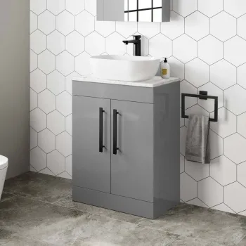 Avon Stone Grey Vanity with Marble Top & Curved Counter Top Basin 600mm - Black Accents