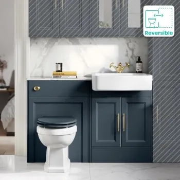 Monaco Inky Blue Combination Vanity Basin with Marble Top & Hudson Toilet with Wooden Seat 1200mm - Brass Knurled Handles