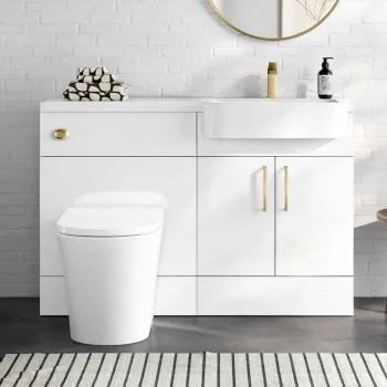 Harper Gloss White Combination Vanity Basin and Tucson Toilet 1200mm - Brushed Brass Accents - Right Handed