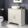 Lucia Chalk White Vanity with Oak Effect Top & Curved Counter Top Basin 840mm - Brass Knurled Handles