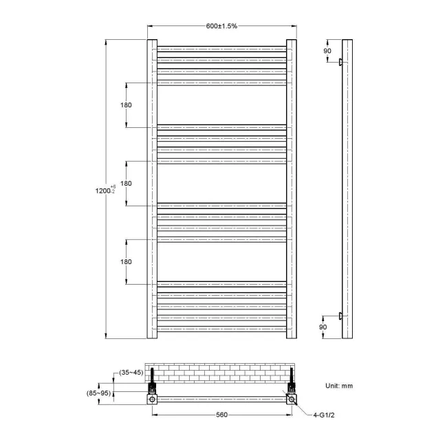 Valetta Matt Black Square Heated Towel Rail 1200x600mm