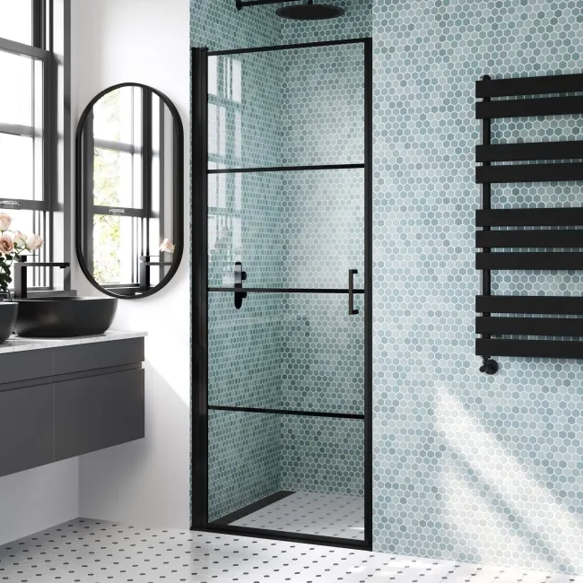 Toulon Matt Black Grid Easy Clean 6mm Pivot Shower Door 800mm